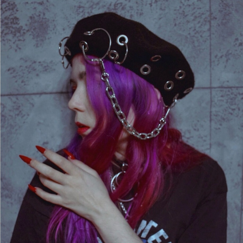 Black French Goth Beret with Silver Chain and grommets